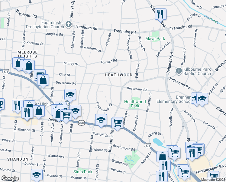 map of restaurants, bars, coffee shops, grocery stores, and more near 30 Heathwood Circle in Columbia