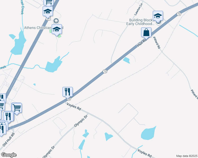 map of restaurants, bars, coffee shops, grocery stores, and more near 1160 Hull Road in Athens