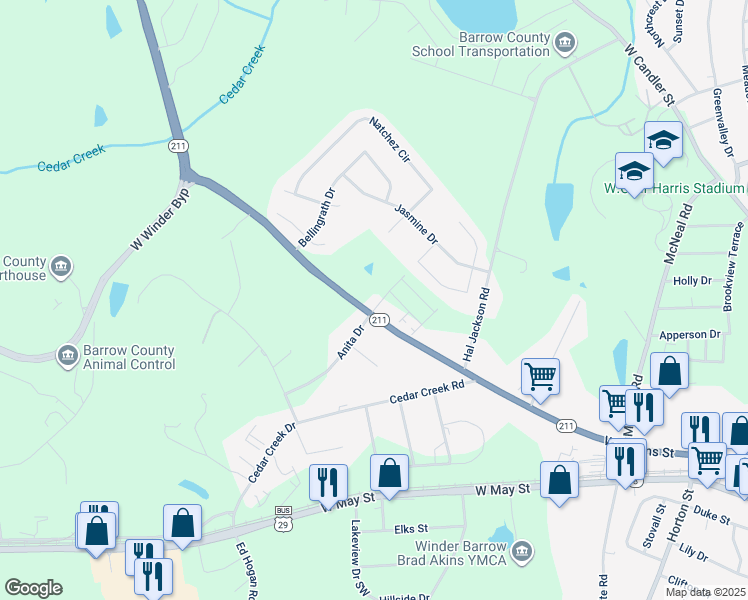map of restaurants, bars, coffee shops, grocery stores, and more near 320 Georgia Highway 211 in Winder