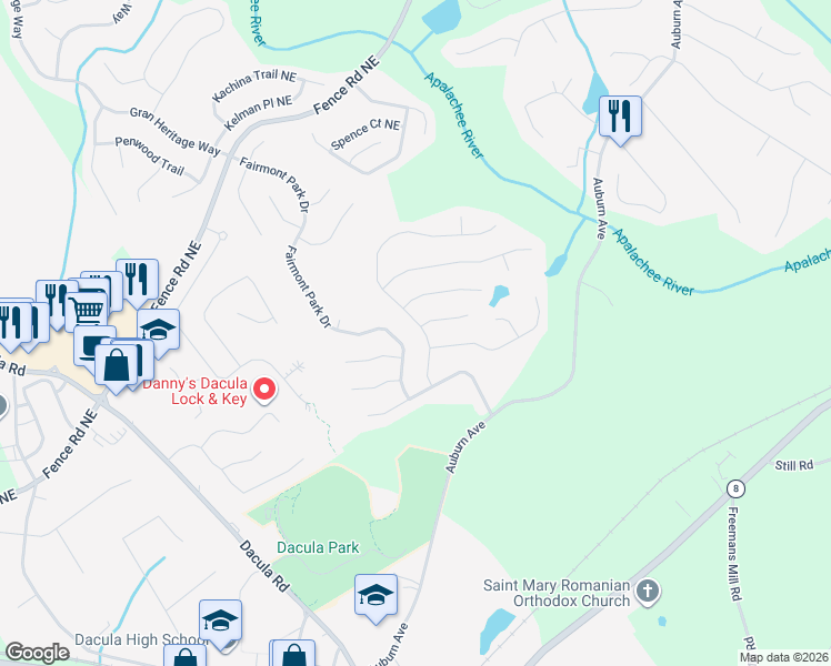 map of restaurants, bars, coffee shops, grocery stores, and more near 270 Ballyshnnon Drive in Dacula