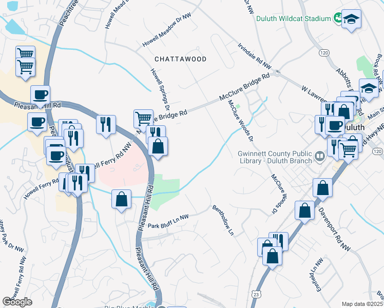 map of restaurants, bars, coffee shops, grocery stores, and more near 3450 Duluth Park Lane Northwest in Duluth