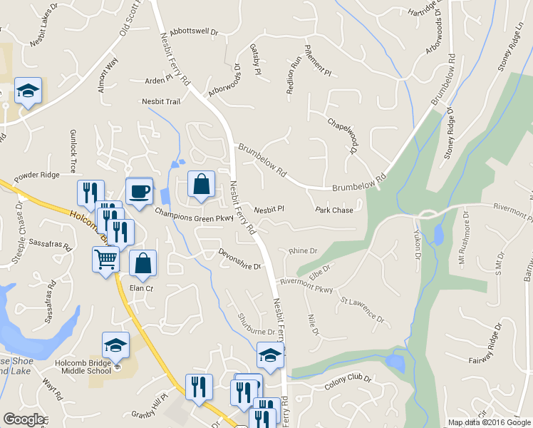 map of restaurants, bars, coffee shops, grocery stores, and more near 9165 Nesbit Ferry Road in Alpharetta