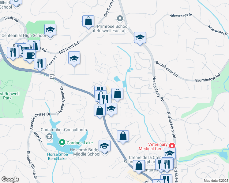 map of restaurants, bars, coffee shops, grocery stores, and more near 2600 Holcomb Bridge Road in Alpharetta