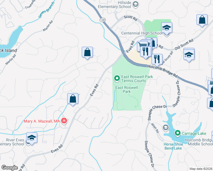 map of restaurants, bars, coffee shops, grocery stores, and more near 2205 Eves Road in Roswell