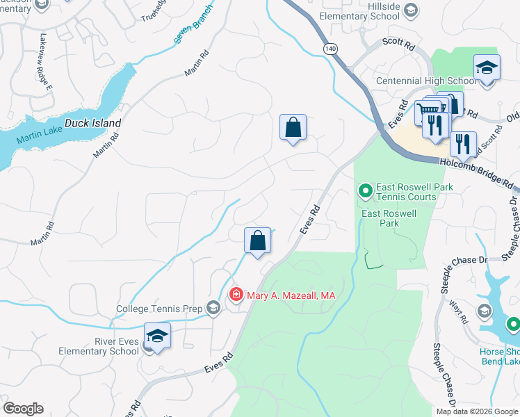 map of restaurants, bars, coffee shops, grocery stores, and more near 9119 Branch Valley Way in Roswell
