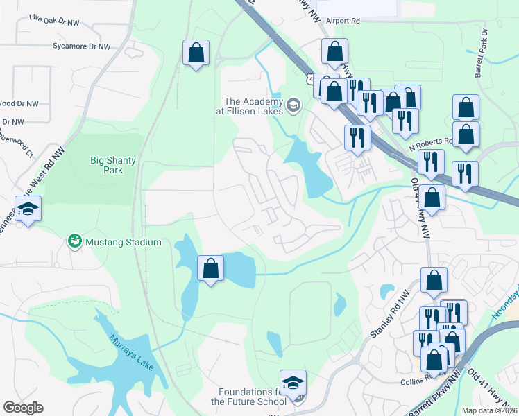 map of restaurants, bars, coffee shops, grocery stores, and more near 2130 Del Lago Circle in Kennesaw