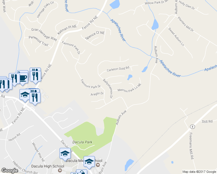 map of restaurants, bars, coffee shops, grocery stores, and more near 270 Ballyshnnon Drive in Dacula