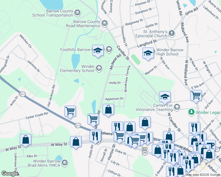 map of restaurants, bars, coffee shops, grocery stores, and more near 291 Apperson Drive in Winder