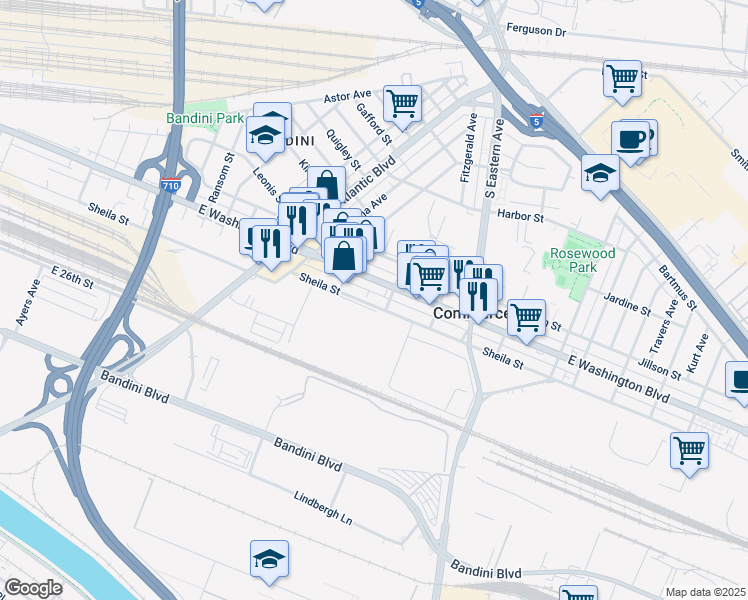 map of restaurants, bars, coffee shops, grocery stores, and more near 5341 Sheila Street in Commerce
