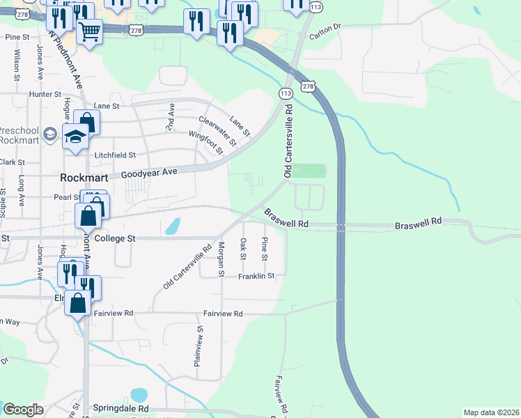map of restaurants, bars, coffee shops, grocery stores, and more near 534 Pine Street in Rockmart