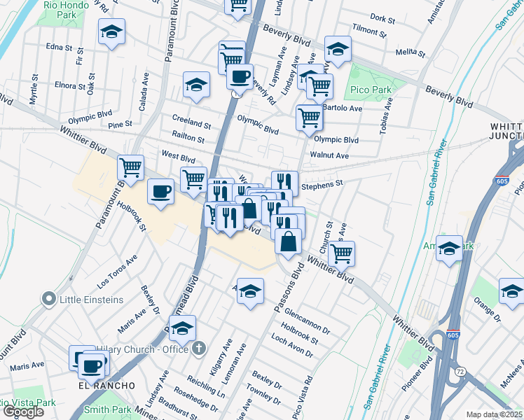 map of restaurants, bars, coffee shops, grocery stores, and more near 4928 Lindsey Avenue in Pico Rivera