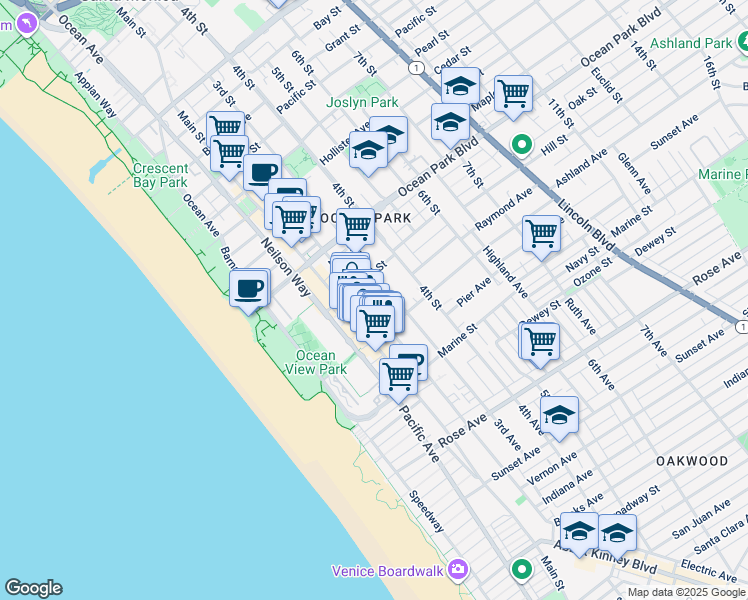 map of restaurants, bars, coffee shops, grocery stores, and more near 2823 2nd Street in Santa Monica