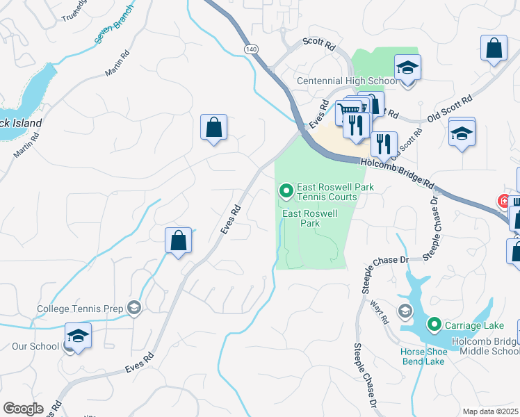 map of restaurants, bars, coffee shops, grocery stores, and more near 2205 Eves Road in Roswell
