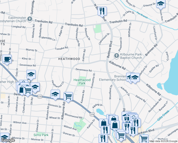 map of restaurants, bars, coffee shops, grocery stores, and more near 837 Kawana Road in Columbia