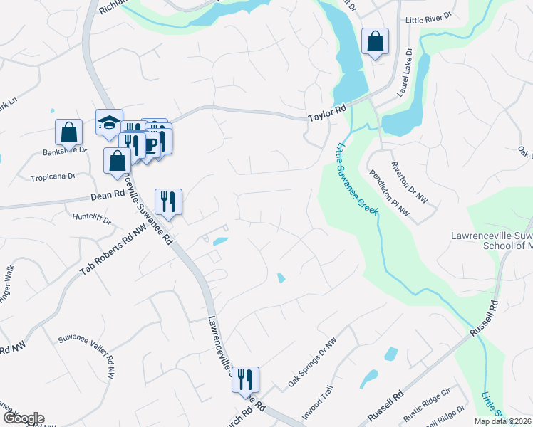 map of restaurants, bars, coffee shops, grocery stores, and more near 1945 Marsh Creek Drive in Lawrenceville