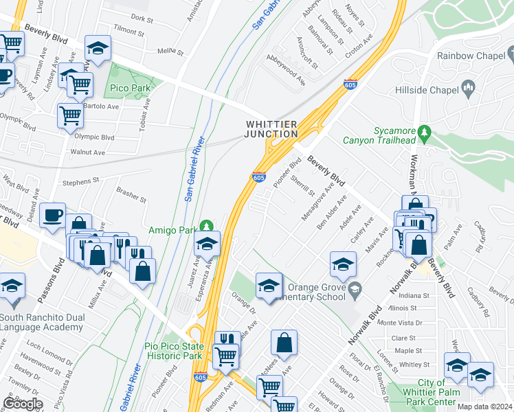 map of restaurants, bars, coffee shops, grocery stores, and more near 5593 Pioneer Boulevard in Whittier