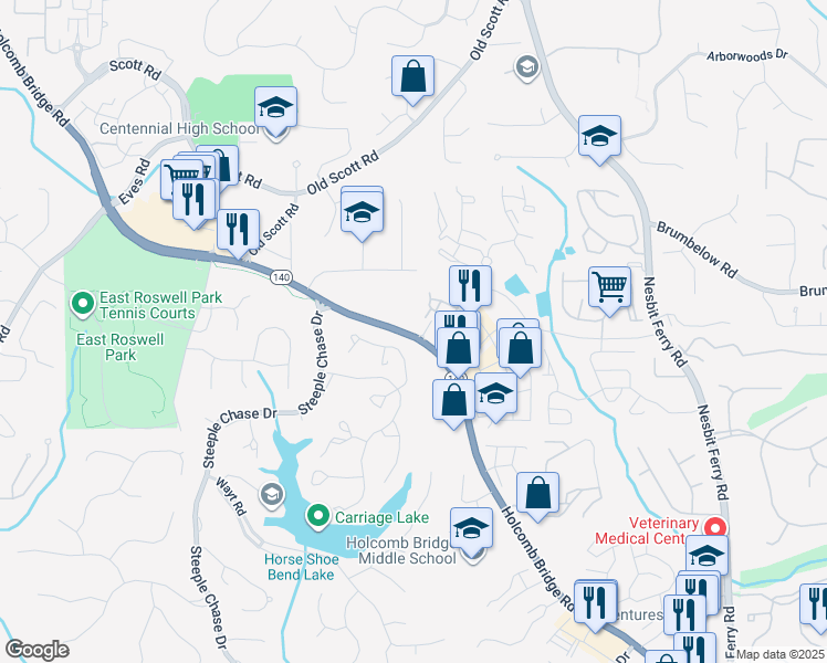 map of restaurants, bars, coffee shops, grocery stores, and more near 2560 Holcomb Bridge Road in Alpharetta