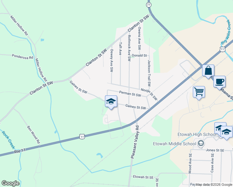 map of restaurants, bars, coffee shops, grocery stores, and more near 516 Perman Street Southwest in Attalla