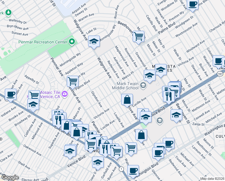 map of restaurants, bars, coffee shops, grocery stores, and more near 2040 Glencoe Avenue in Los Angeles