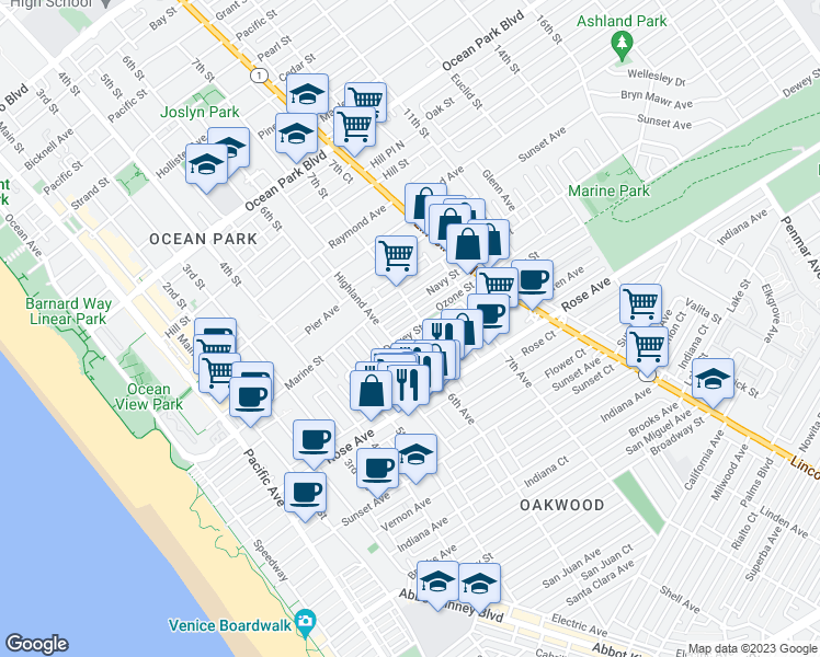 map of restaurants, bars, coffee shops, grocery stores, and more near 214 6th Avenue in Los Angeles