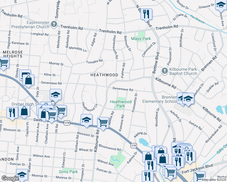 map of restaurants, bars, coffee shops, grocery stores, and more near 841 Abelia Road in Columbia