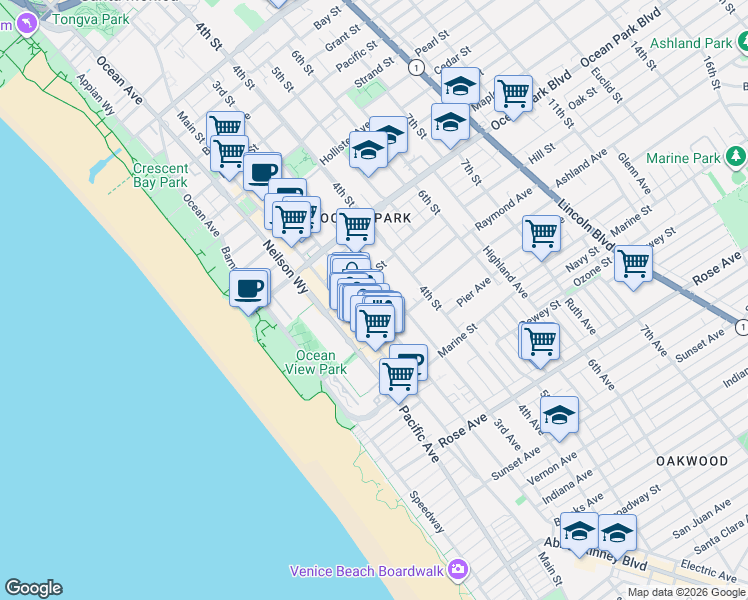 map of restaurants, bars, coffee shops, grocery stores, and more near 2721 2nd Street in Santa Monica