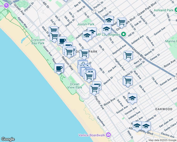 map of restaurants, bars, coffee shops, grocery stores, and more near 2721 2nd Street in Santa Monica