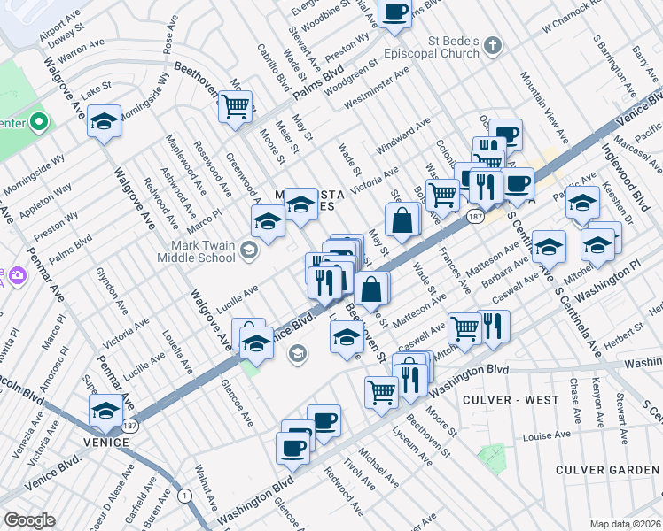 map of restaurants, bars, coffee shops, grocery stores, and more near 3766 Beethoven Street in Los Angeles