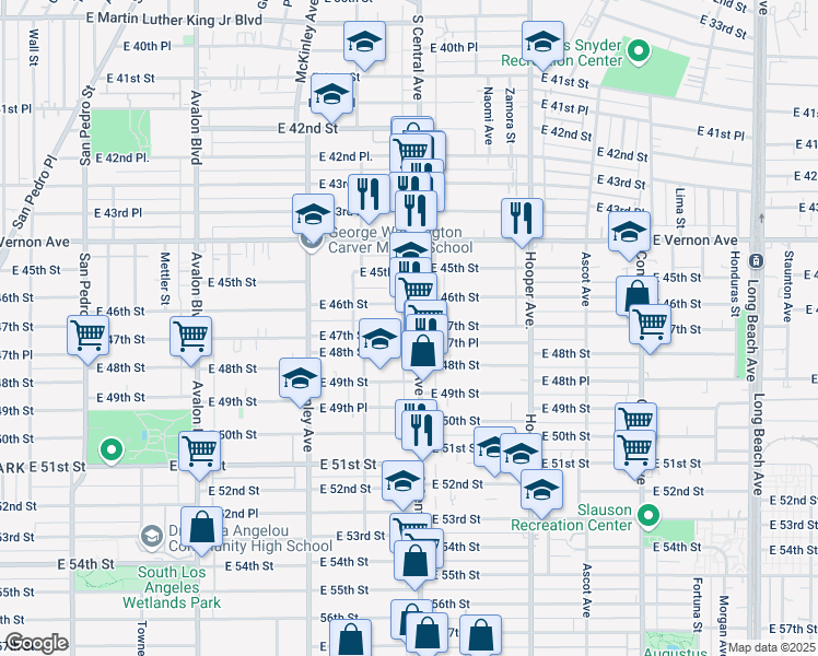 map of restaurants, bars, coffee shops, grocery stores, and more near 4707 South Central Avenue in Los Angeles