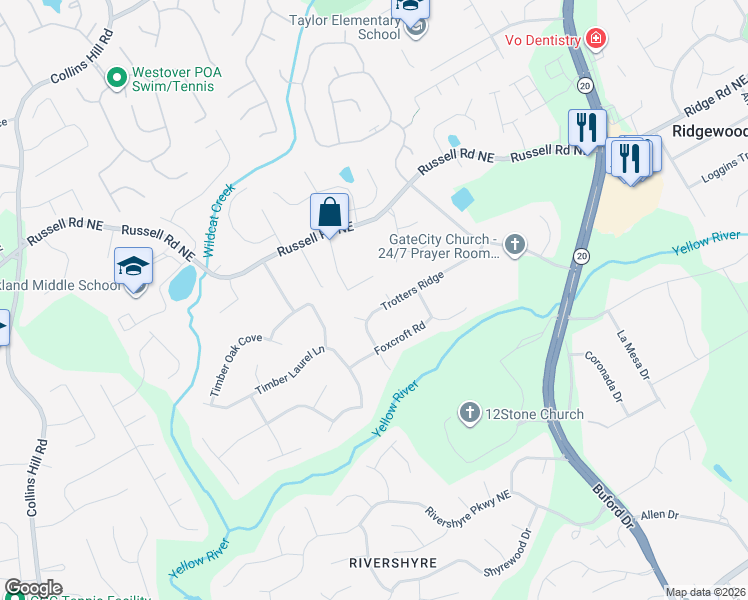 map of restaurants, bars, coffee shops, grocery stores, and more near 353 Trotters Ridge in Lawrenceville