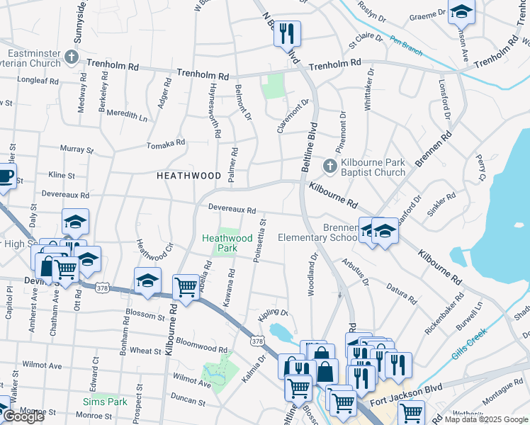 map of restaurants, bars, coffee shops, grocery stores, and more near 1316 Poinsettia Street in Columbia