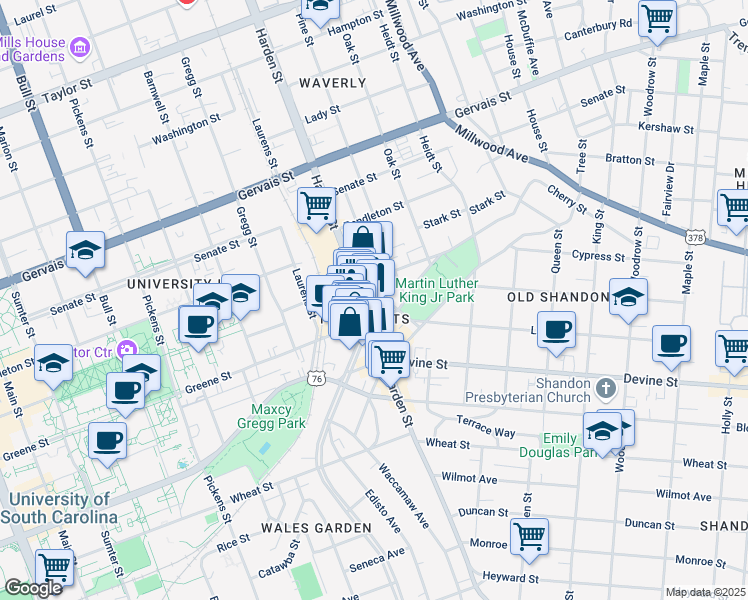 map of restaurants, bars, coffee shops, grocery stores, and more near in Columbia