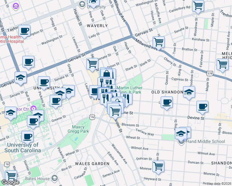 map of restaurants, bars, coffee shops, grocery stores, and more near 806 Pavillion Street in Columbia