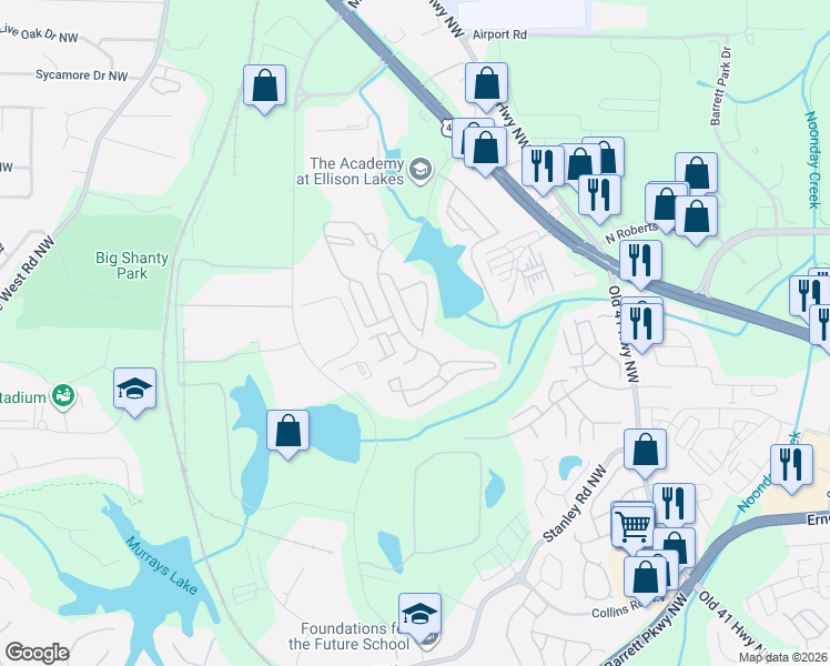 map of restaurants, bars, coffee shops, grocery stores, and more near 2100 Ellison Lakes Drive in Kennesaw