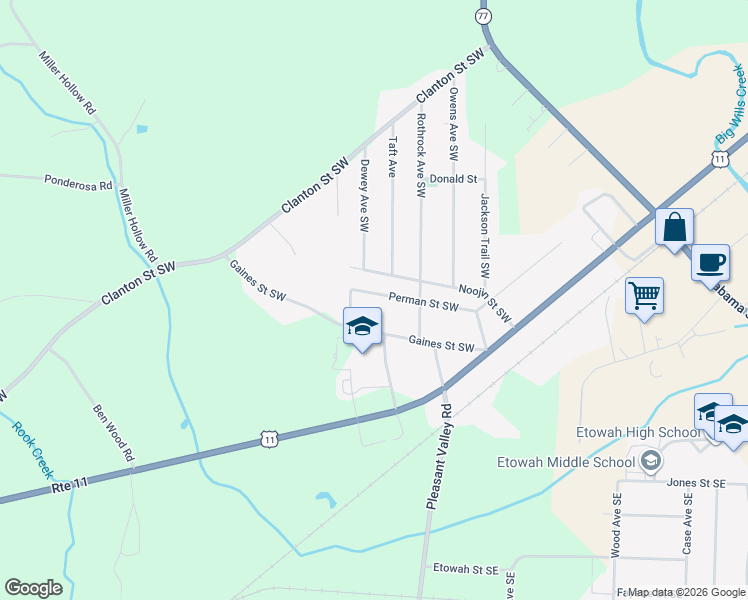 map of restaurants, bars, coffee shops, grocery stores, and more near 516 Perman Street Southwest in Attalla