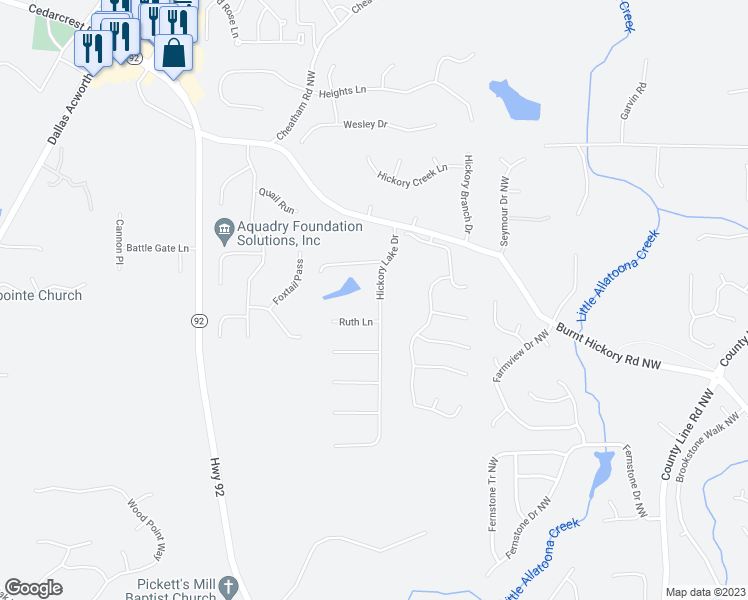 map of restaurants, bars, coffee shops, grocery stores, and more near 200 Hickory Lake Drive in Acworth