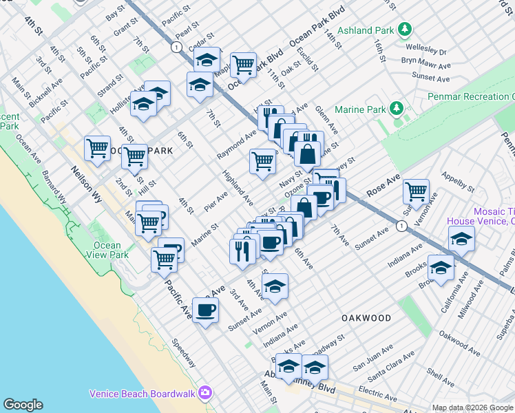 map of restaurants, bars, coffee shops, grocery stores, and more near 3129 6th Street in Santa Monica