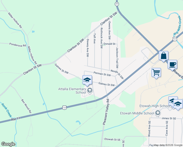 map of restaurants, bars, coffee shops, grocery stores, and more near 516 Perman Street Southwest in Attalla