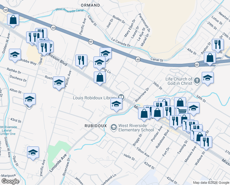 map of restaurants, bars, coffee shops, grocery stores, and more near 5888 Mission Boulevard in Jurupa Valley