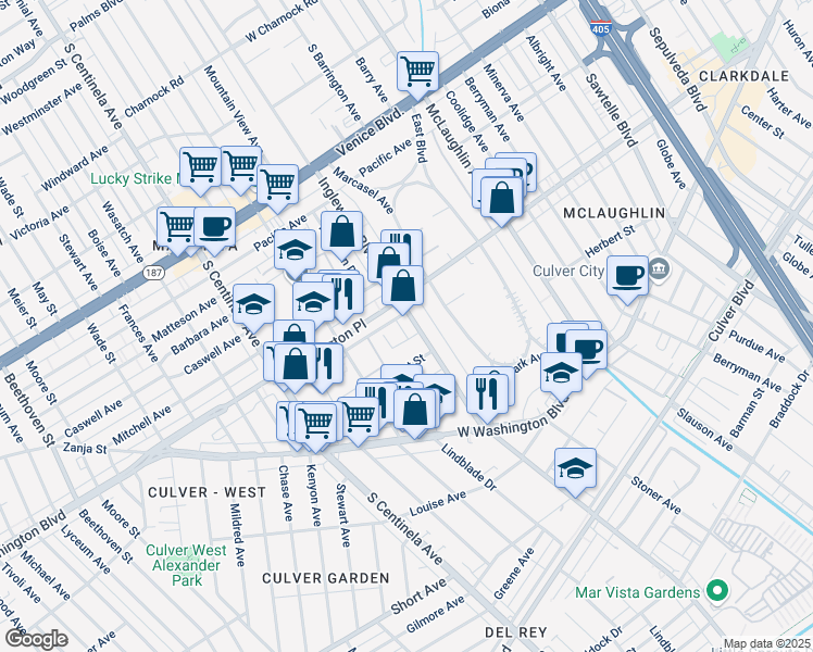map of restaurants, bars, coffee shops, grocery stores, and more near 4035 Inglewood Boulevard in Los Angeles