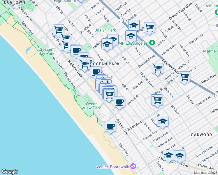 map of restaurants, bars, coffee shops, grocery stores, and more near in Santa Monica