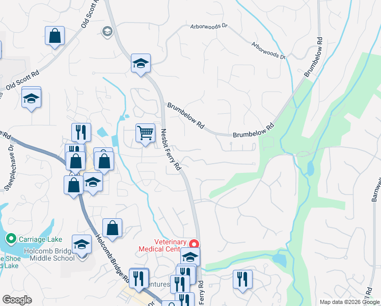 map of restaurants, bars, coffee shops, grocery stores, and more near 9165 Nesbit Ferry Road in Alpharetta