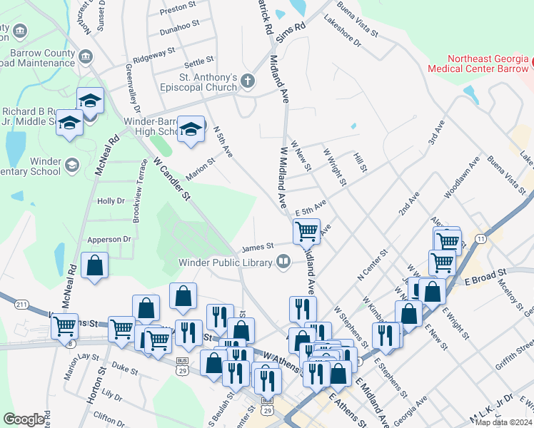 map of restaurants, bars, coffee shops, grocery stores, and more near in Winder