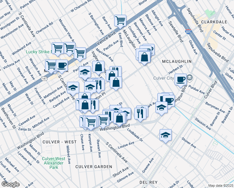 map of restaurants, bars, coffee shops, grocery stores, and more near 4035 Inglewood Boulevard in Los Angeles