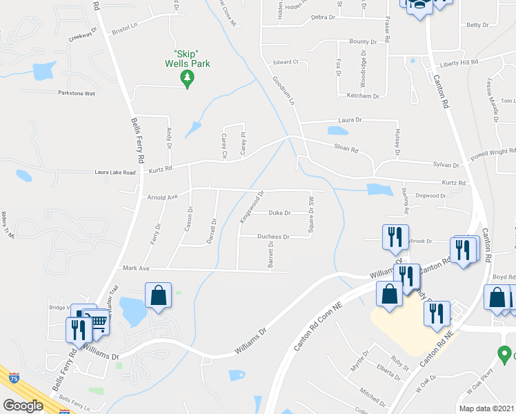 map of restaurants, bars, coffee shops, grocery stores, and more near 463 Duke Drive in Marietta
