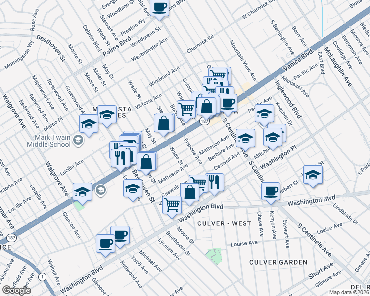 map of restaurants, bars, coffee shops, grocery stores, and more near 12634 Pacific Avenue in Los Angeles