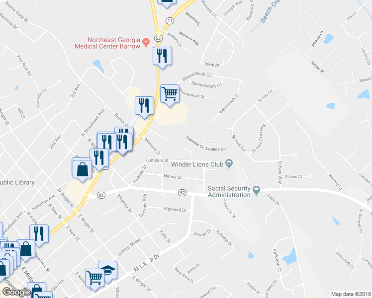 map of restaurants, bars, coffee shops, grocery stores, and more near 410 Missi Lane in Winder