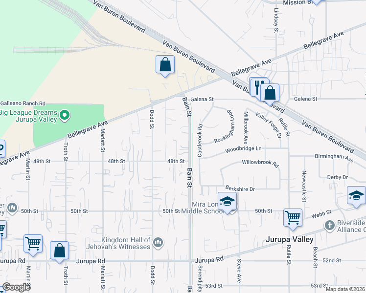 map of restaurants, bars, coffee shops, grocery stores, and more near 4751 Bain Street in Jurupa Valley