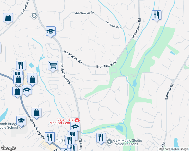 map of restaurants, bars, coffee shops, grocery stores, and more near 9155 Nesbit Ferry Road in Alpharetta