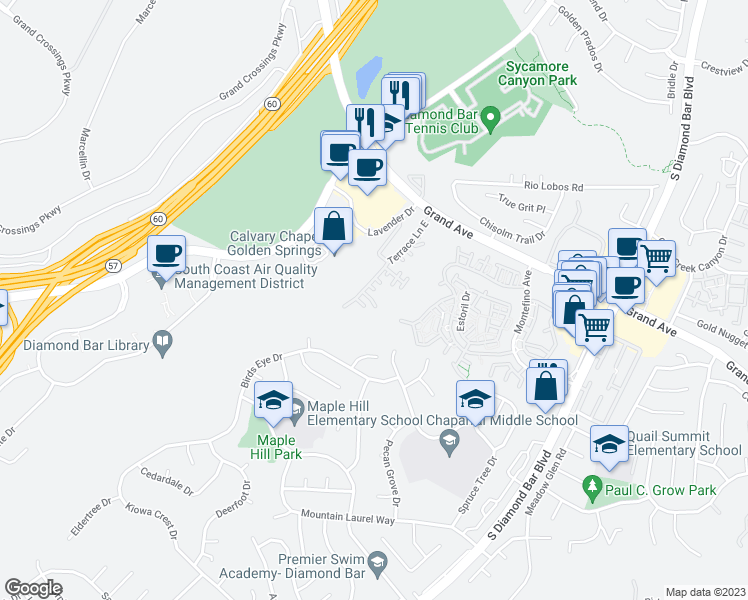 map of restaurants, bars, coffee shops, grocery stores, and more near 890 Terrace Lane West in Diamond Bar